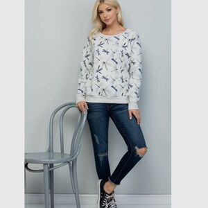 New nwt White and Blue Dragonfly Print fleece crew sweatshirt S-XL